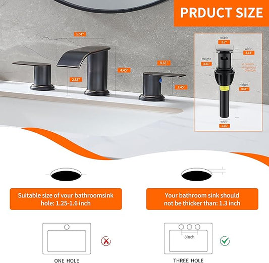 Waterfall Bathroom Faucet 3 Holes, 8 Inch Widespread Faucet 2 Handle Lead-Free Oil Rubbed Bronze, Bathroom Faucets with Pop Up Drain, Bathroom Basin Lavatory Mixer Tap with Deck Mount Plate