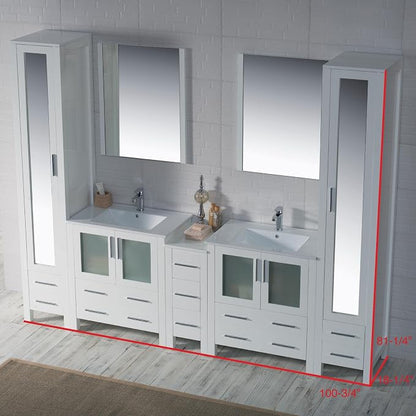 Blossom 102 Inch Bathroom Vanity with Linen Tower, Glossy White | Solid Wood, Extra Wide Double Sink, Modern European Design, Moisture Resistant Painted Finish, Includes 2 Mirror Cabinets