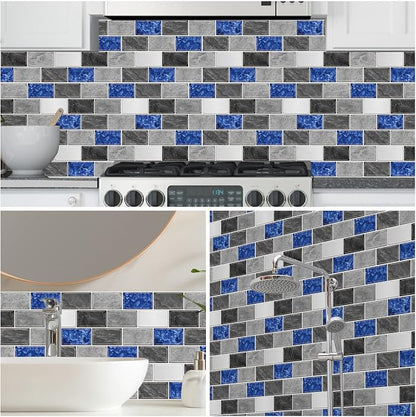 URCOLOR 10-Sheet Peel and Stick Backsplash Tiles Subway for Kitchen,12"x12" Self Adhesive Wall Tile Sticker on Back Splashes for Bathroom Grey Blue Marble Design