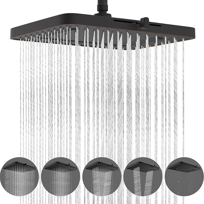 Hibbent cUPC Certified 5 Spray Modes Shower Head, 13'' High Pressure Large Rainfall Shower Head, High Flow Waterfall Bathroom Fixed Showerheads, Adjustable Swivel Ball Joint, Oil Rubbed Bronze