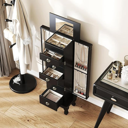 DREAMADE Jewelry Armoire, Standing Jewelry Box w/Mirror & 7 Drawers, Black | Flip Top Organizer with 2 Side Doors and Anti-Toppling Device, Large Jewelry Cabinet Storage for Bedroom