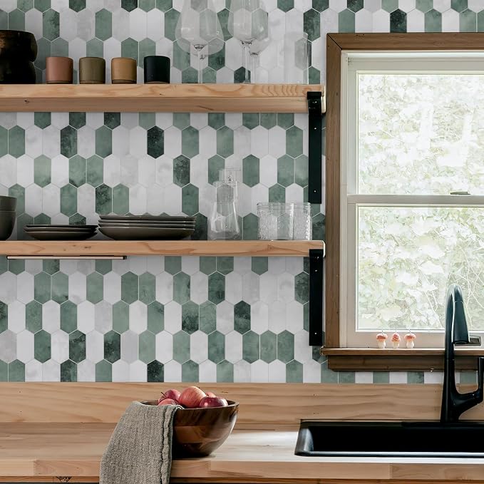 The Tiles Plaza 10-Sheet Peel and Stick Backsplash, 12" x 11.5" Green Cement Long Hexagon Self Adhesive Wall Tile, Stone Composite Stick On Decorative Mosaic Tile for Kitchen Bathroom Fireplace