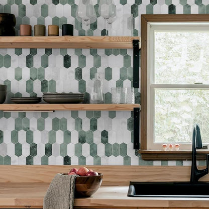 The Tiles Plaza 10-Sheet Peel and Stick Backsplash, 12" x 11.5" Green Cement Long Hexagon Self Adhesive Wall Tile, Stone Composite Stick On Decorative Mosaic Tile for Kitchen Bathroom Fireplace