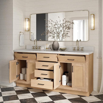 ARIEL Hepburn 72-inch Bathroom Vanity with Sink,Solid Wood, 1.5-inch Pure White Quartz Countertop, Double Rectangular Porcelain Sink, 4 Soft Closing Doors, 6 Dovetail Drawers, White Oak