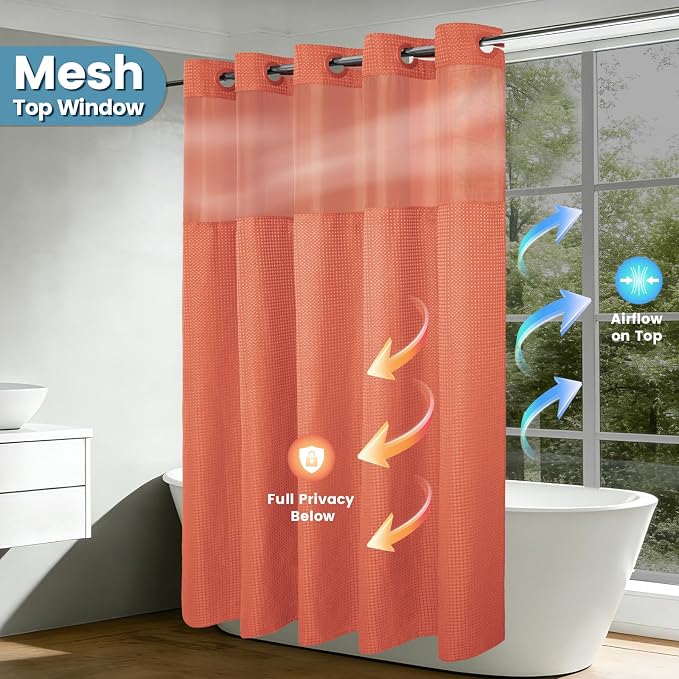 EUTXL 256GSM Heavyweight Hotel Shower Curtain with Detachable Liner - Waffle Textured,Hotel Grade,Spa Like Bath Curtain,71W x 74H,Coral