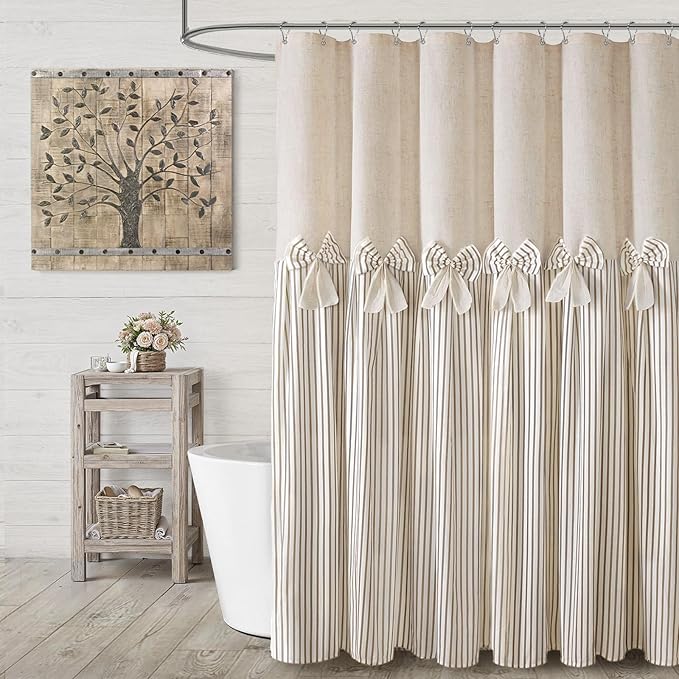 Farmhouse Shower Curtain Linen Bow Pleated Beige Stripe 60"W x 72"L | Farmhouse Style, Chic Bow, Striped, Linen Fabric, Rustic, Country, Natural Look, Washable, for Bathroom Bathtub