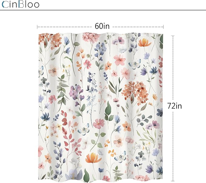Colorful Boho Flower Girly Wildflower Floral Bathroom Shower Curtain Set | 60"W x 72"H Plants Botanical; waterproof HD print, quick-dry fabric and plastic hooks for easy setup.