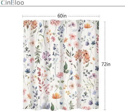 Colorful Boho Flower Girly Wildflower Floral Bathroom Shower Curtain Set | 60"W x 72"H Plants Botanical; waterproof HD print, quick-dry fabric and plastic hooks for easy setup.