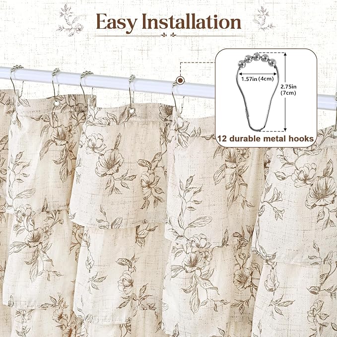 Yinhua Extra Long Farmhouse Ruffle Shower Curtain for Bathroom, 72" Wx90 L | Brown Floral Print, Ruflle Design, 12 Metal Hooks, Vintage Rustic Washable Waterproof Shower Curtain for Bathroom Bathtub