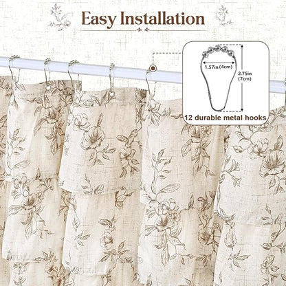Yinhua Extra Long Farmhouse Ruffle Shower Curtain for Bathroom, 72" Wx90 L | Brown Floral Print, Ruflle Design, 12 Metal Hooks, Vintage Rustic Washable Waterproof Shower Curtain for Bathroom Bathtub