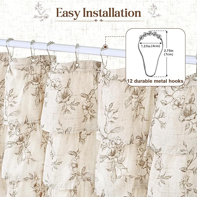 Yinhua Extra Long Farmhouse Ruffle Shower Curtain for Bathroom, 72" Wx84 L | Brown Floral Print, Ruflle Design, 12 Metal Hooks, Vintage Rustic Washable Waterproof Shower Curtain for Bathroom Bathtub