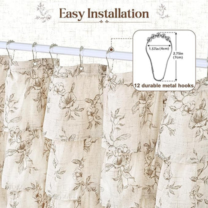 Yinhua Extra Long Farmhouse Ruffle Shower Curtain for Bathroom, 72" Wx84 L | Brown Floral Print, Ruflle Design, 12 Metal Hooks, Vintage Rustic Washable Waterproof Shower Curtain for Bathroom Bathtub
