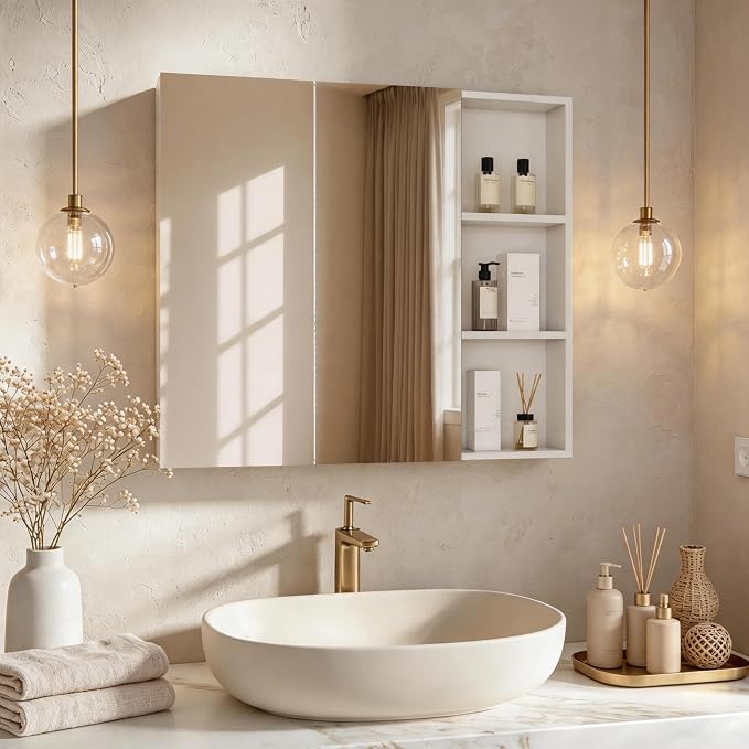 FKWin Double Door Medicine Cabinet Mirror, Wall Mount Bathroom Cabinet | Double Door Modern Surface Mount Medicine Cabinet, More Storage, Adjustable Shelves, Soft Close Hinges, White, 33x29 Inch