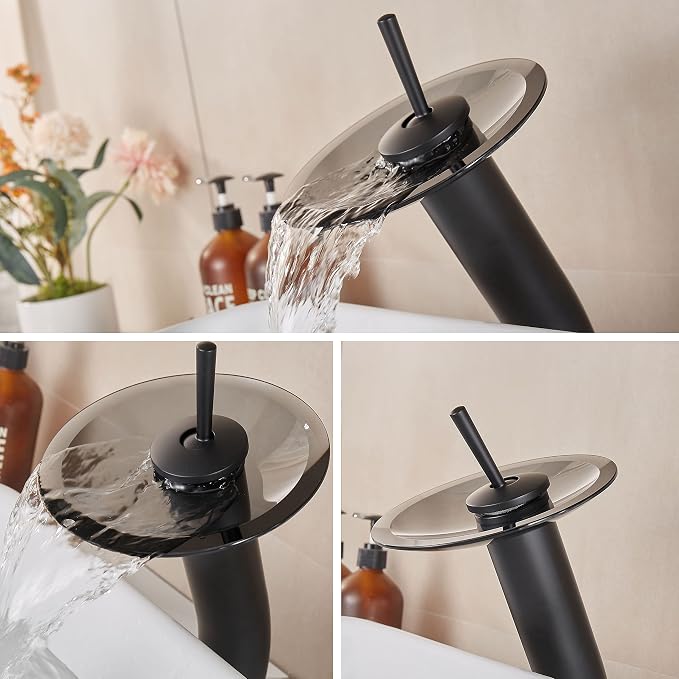 Waterfall Bathroom Faucet Glass Single Handle Solid Brass Basin Lavatory Vessel Sink Vanity Faucet, Tall, Black