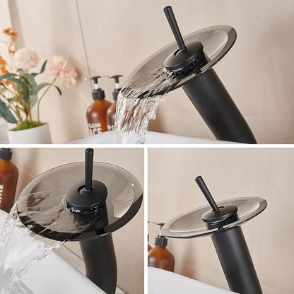 Waterfall Bathroom Faucet Glass Single Handle Solid Brass Basin Lavatory Vessel Sink Vanity Faucet, Tall, Black