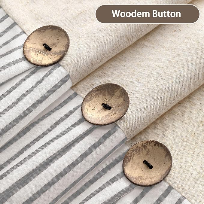 Farmhouse Shower Curtain Linen Button Grey Stripe 72" W x 72" L | Farmhouse Style, Chic Button, Striped, Linen Fabric, Rustic, Country, Natural Look, Washable, for Bathroom Bathtub