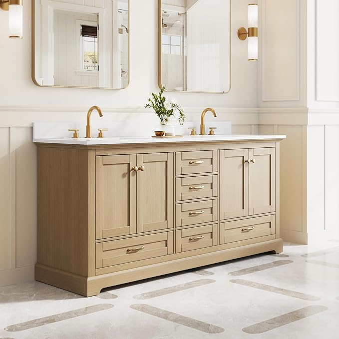 WELLFOR 72 Inch Bathroom Vanity with Double Sinks, Solid Wood Bathroom Vanity W/4 Soft-Close Doors and 6 Drawers, Cultured Marble Countertop Bathroom Vanities W/Two Sinks (Oak)