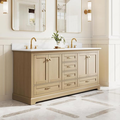 WELLFOR 72 Inch Bathroom Vanity with Double Sinks, Solid Wood Bathroom Vanity W/4 Soft-Close Doors and 6 Drawers, Cultured Marble Countertop Bathroom Vanities W/Two Sinks (Oak)