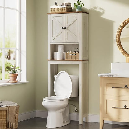 VASAGLE LIRY Collection - Over-The-Toilet Storage Cabinet, 23.6-Inch Wide Farmhouse Bathroom Organizer, with Barn Doors, Adjustable Shelf, Space-Saving, Rustic White UBTS026W01