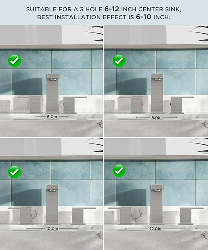 QFN Lead-Free Brushed Nickel Bathroom Faucet 3 Hole, Square Bathroom Sink Faucet 8 Inch Widespread, 2 Handle for 6"-12" Vanity Sink with Metal Pop Up Drain and 24" cUPC Supply Hoses