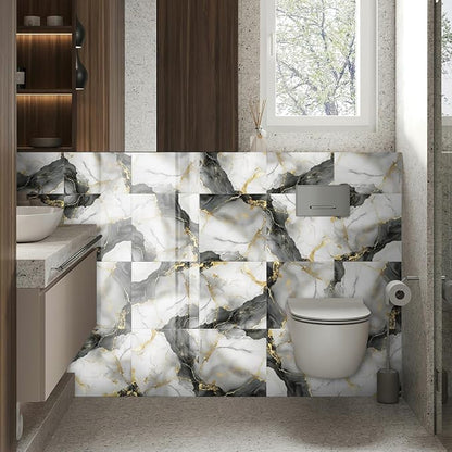 10 Sheets Marble Peel and Stick Backsplash Tile, 12"x12" Waterproof PVC Self Adhesive Tile Shower Wall Panels for Bathroom, Kitchen, Living Room (Metallic Grey)