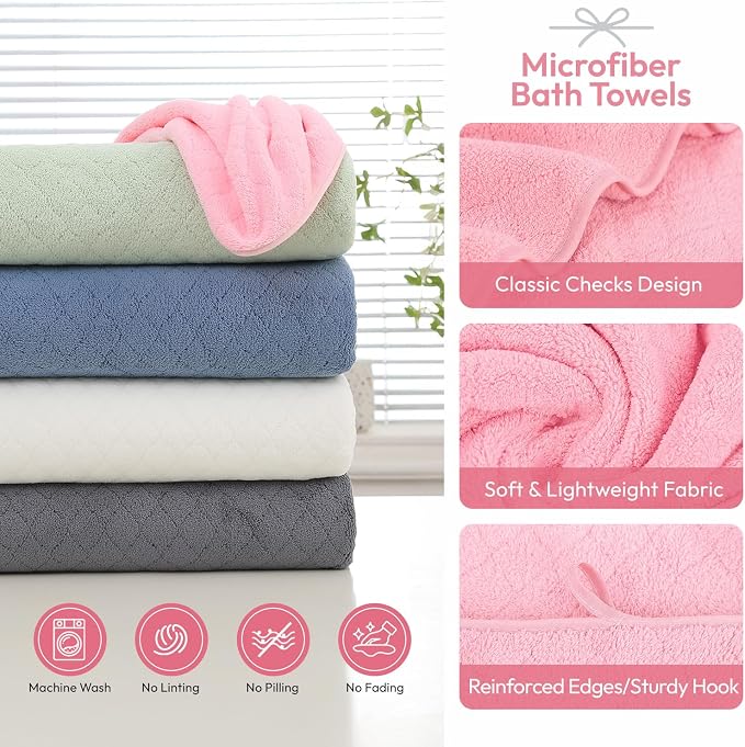JML Bath Towels with Hanging Loop, 2 Pack, 27x55 in, Microfiber, Pink | Soft, Super Absorbent, Quick Dry, Lint-Free & Fade-Resistant, Lightweight Bathroom Towel for Daily Use