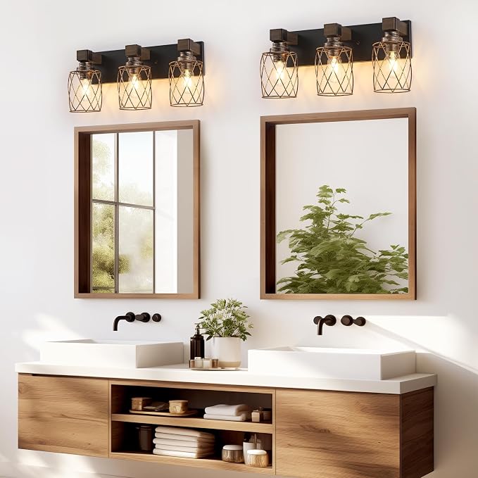3-Light Black Gold Farmhouse Vanity Light, Wood & Metal Cage Shade | Mounted Over Mirror, Industrial Rustic Style, Ideal for Bathroom, Bedroom, Hallway & Living Room, Easy To Install