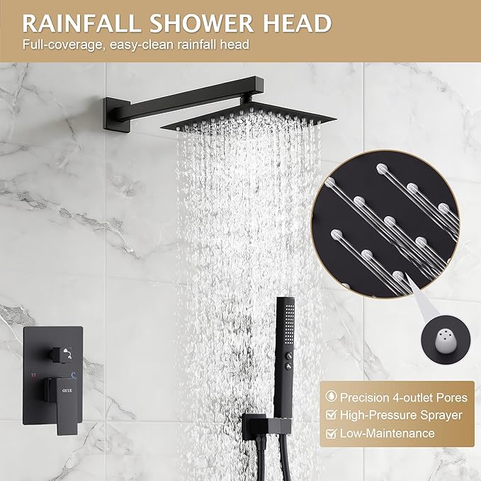 Rain Shower System, 8''Square Rain Head,2-Spray Handheld, Matte Black | 2 Spray Functions,Anti-Tangle Explosion-proof PVD Hose,Balance Temp Valve,Rust-proof & Scratch-resistant