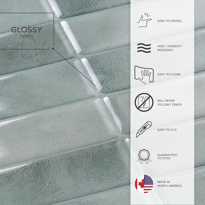 Smart Tiles Peel and Stick backsplash, Stacked Frost Gray, 11.43"x9" | Pack of 5 (3.5 sq ft), Glossy, Heat/Moisture Resistant, Low VOC, Kitchen/Bathroom, Renter Friendly, Made in Canada