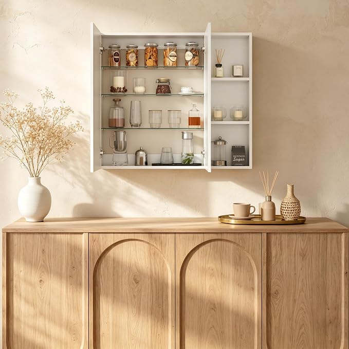FKWin Double Door Medicine Cabinet Mirror, Wall Mount Bathroom Cabinet | Double Door Modern Surface Mount Medicine Cabinet, More Storage, Adjustable Shelves, Soft Close Hinges, White, 33x29 Inch