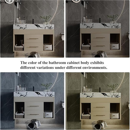 30 inch Modern Floating Bathroom Vanity with Sintered Stone Top Ceramic Undermount Sink, Wall-Mounted Bathroom Vanity Cabinet with 2 Soft Closing Drawers, Open Storage Shelf, Bronze Handles, Natural