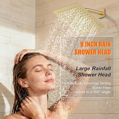 Shower System Modern Rain 8 inches Brass Faucet Set With Valve and Diverter Shower Mixer With Handheld High Pressure Square Rainfall Shower Valve (8'' Wall Mount, Brushed Gold)