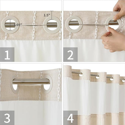 eachope Boho Farmhouse No Hook Shower Curtain Set with Snap-in Fabric Liner,Heavy-Duty Linen Textured Rustic Striped Design,Water-Repellent with Tassels and Sheer Window,Cream/Beige,71x74 | Snap-in Liner,330GSM Thick Linen Textured Rustic Striped Desig...