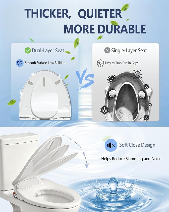 Jamini Non-Electric Bidet Toilet Seat for Elongated Toilets, Dual Nozzle Front & Rear Wash, Adjustable Water Pressure, Soft Close Seat & Lid, Self-Cleaning Nozzles, Quick Release, Brass Inlet