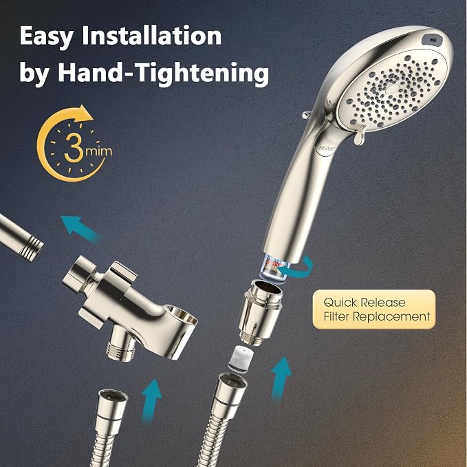 FASDUNT High Pressure Filtered Handheld Shower Head, Brushed Nickel | 80" Long Stainless Steel Hose, Built-in Power Wash, Anti-clog Nozzles, Filter Beads for Hard Water, Remove Chlorine