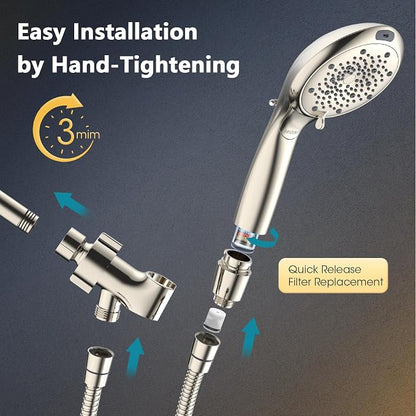 FASDUNT High Pressure Filtered Handheld Shower Head, Brushed Nickel | 80" Long Stainless Steel Hose, Built-in Power Wash, Anti-clog Nozzles, Filter Beads for Hard Water, Remove Chlorine
