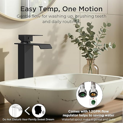Forious Matte Black Vessel Bathroom Sink Faucets 1 Hole, Tall Waterfall Bathroom Faucet Single Handle with Pop Up Drain and Supply Lines, Deck Mount