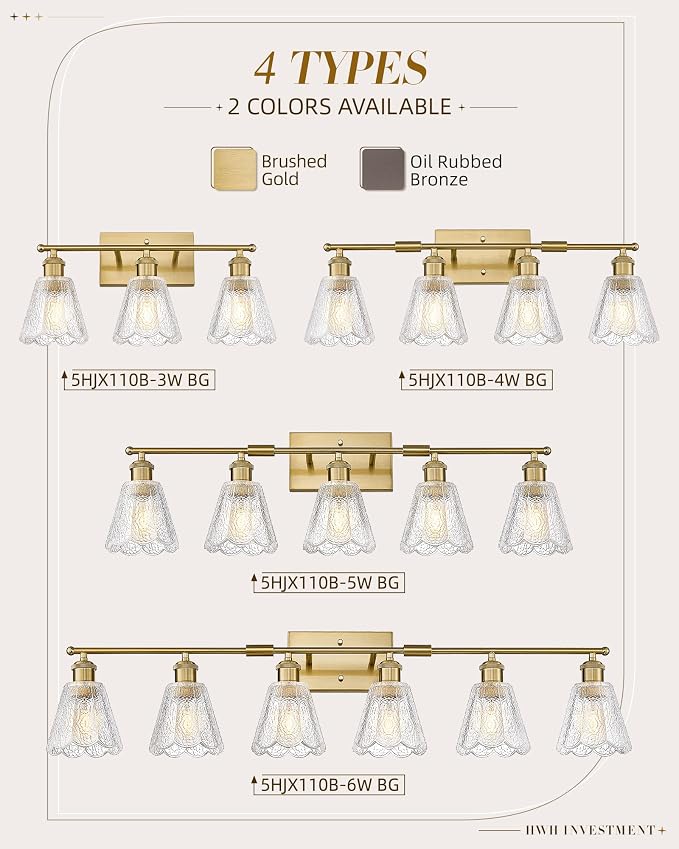 HWH 4-Light Bathroom Light Fixture, Clear Floral Glass, 5HJX110B-4W BG | Brushed Gold Finish, Modern, 27 Inch Vanity Lights Over Mirror, Sconce Wall Lighting for Bedroom, E26 Base For Common Bulbs