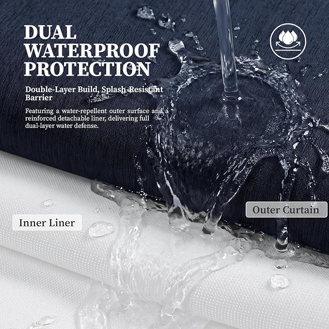 72x81 Ringless Linen Look Shower Curtain with Snap in Liner, Navy Blue | Tall Size, 3 in 1 Shower Curtain Set, Removable Liner, Waterproof & Washable, Mesh Top Window, Durable Fabric, Easy Setup