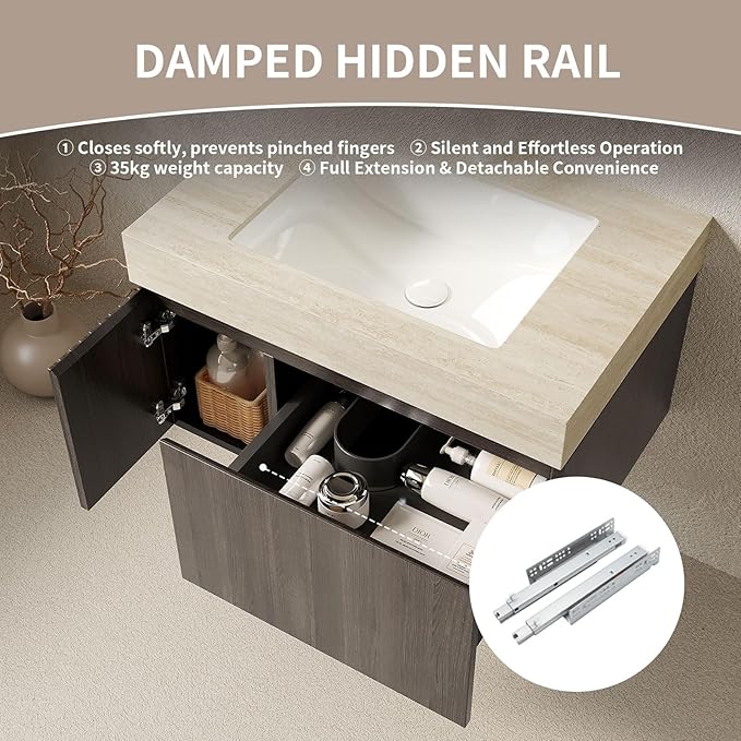 Bathroom Vanity with Sink 30 Inch, Floating Bathroom Vanity Sink Cabinet with Drawer and Door, Undermount Sink & Travertine-Pattern Sintered Stone Top, Pre-Assembled,Espresso