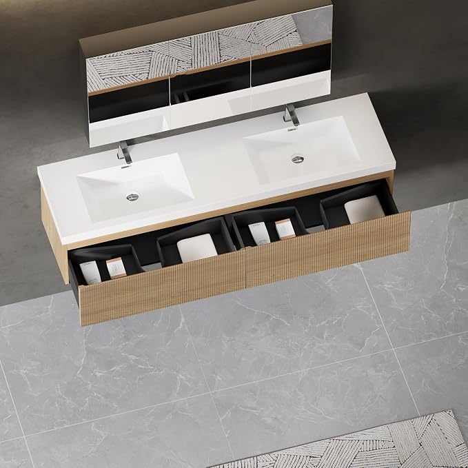 72" Floating Bathroom Vanity with Double Sink, Wall-Mounted Modern Oak Storage Cabinet, Wave-Textured Soft-Close Drawer & Glossy White Solid Surface Basin, Natural Oak