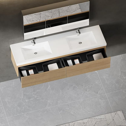 72" Floating Bathroom Vanity with Double Sink, Wall-Mounted Modern Oak Storage Cabinet, Wave-Textured Soft-Close Drawer & Glossy White Solid Surface Basin, Natural Oak