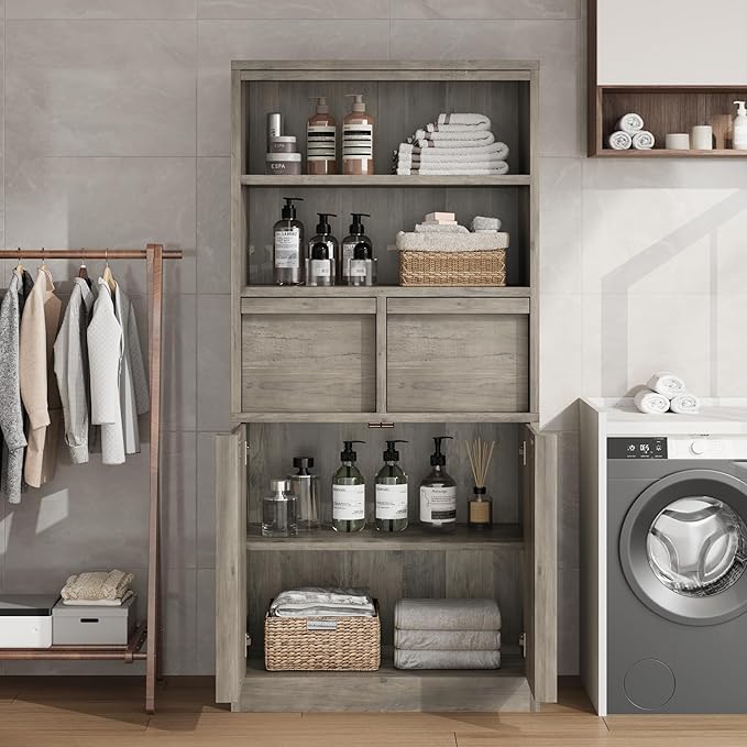 GAOMON 51" Tall Bathroom Storage Cabinet, Floor Cabinet with Doors & 2 Drawers, Organizer Cabinet Freestanding for Bathroom, Living Room, Kitchen & Pantry, Grey