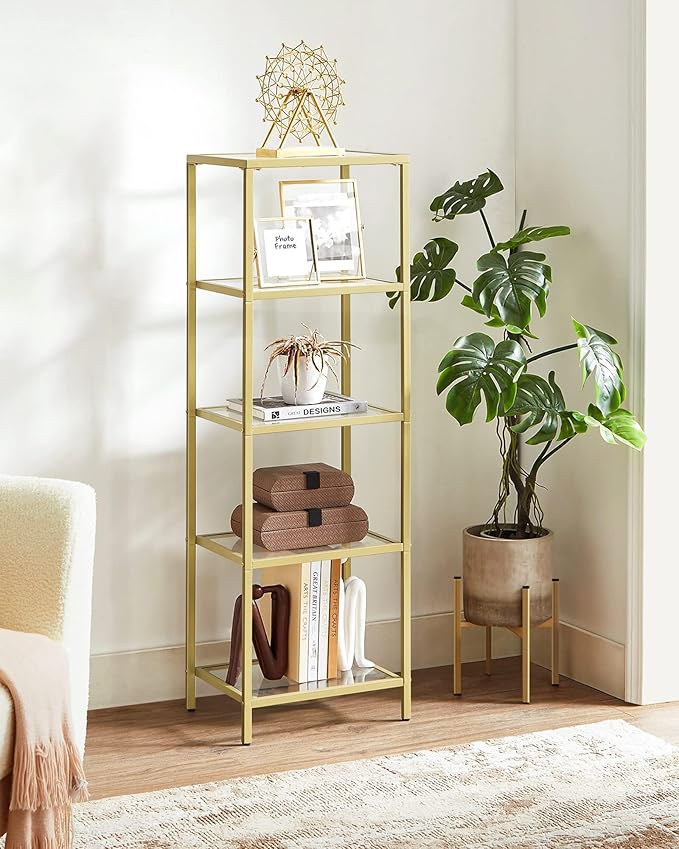 VASAGLE Bookcase, 5-Tier Bookshelf, Slim Shelving Unit for Bedroom, Bathroom, Home Office, Tempered Glass, Steel Frame, Metallic Gold ULGT029A01