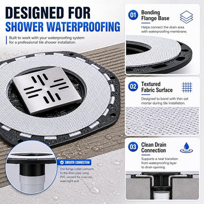 4-Inch Square Shower Drain Kit with Bonding Flange, Brushed Silver | Removable 304 stainless steel grate with hair strainer; fits 2- and 3-inch pipes for tiled shower floors and wet areas