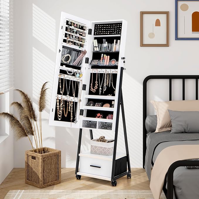 CHARMAID Rolling Jewelry Cabinet with Full Length Mirror, Lockable Standing Jewelry Armoire with Wheels, Steel Legs, Lipstick Brush Storage, Jewelry Organizer Box with Drawers (White)