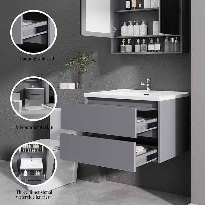 Dark Gray Floating Bathroom Vanity with Sink, 31x18 Inch Wall Mounted Bathroom Cabinet with 2 Drawers, Modern Single Sink Vanity for Small Bathroom, Space-Saving Storage Cabinet