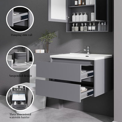 Dark Gray Floating Bathroom Vanity with Sink, 31x18 Inch Wall Mounted Bathroom Cabinet with 2 Drawers, Modern Single Sink Vanity for Small Bathroom, Space-Saving Storage Cabinet
