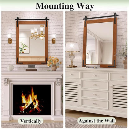 Farmhouse Mirror for Wall, 22x30 Inch Brown Wood Framed Rectangle Bathroom Vanity Mirror, Barn Door Style Mirrors Decor Mirror for Living Room Bedroom Entryway