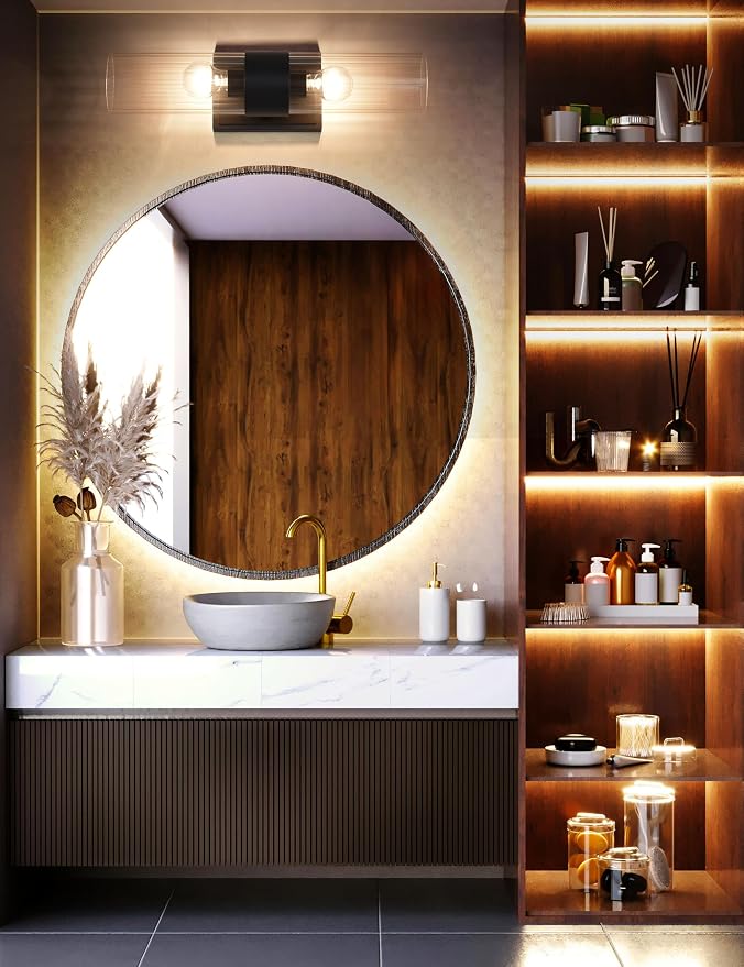 Textured Black Modern Bathroom Sconces Wall Lighting with Clear Ribbed Glass, Brushed Nickel 2-Light Bathroom Vanity Light Fixtures for Mirror Living Room Hallway Bedroom